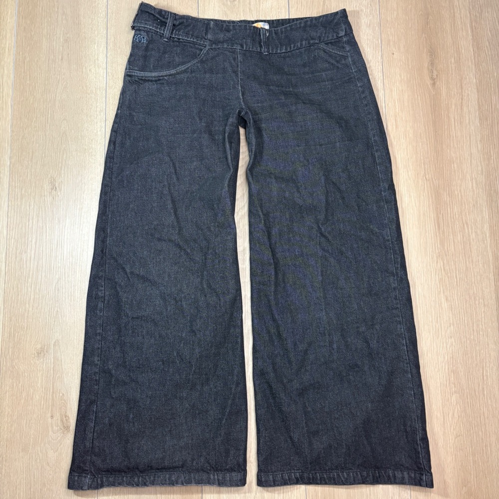 K&R London Y2K Womens Black Denim Wide Leg Jeans Low Rise Flared Belted Large